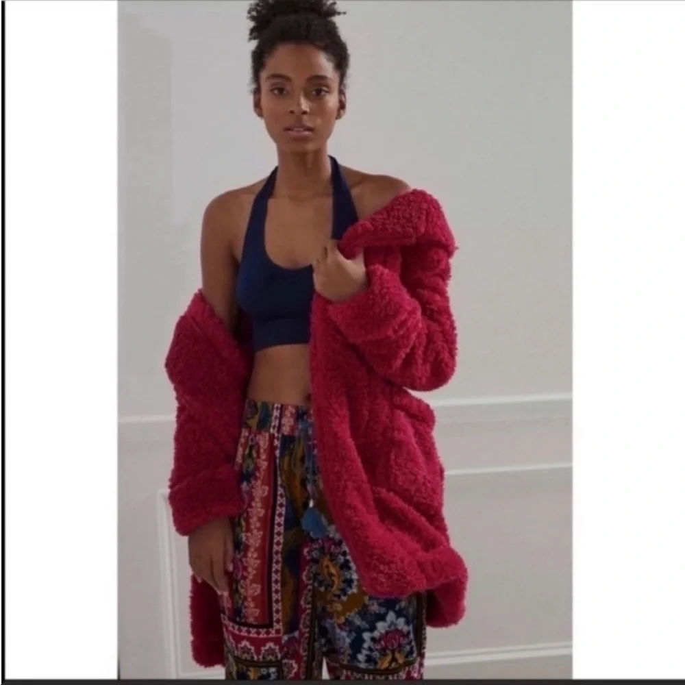 Anthropologie Sherpa Hooded Robe Magenta Belted Cozy Lounge Coat Large NWT - Picture 3 of 7